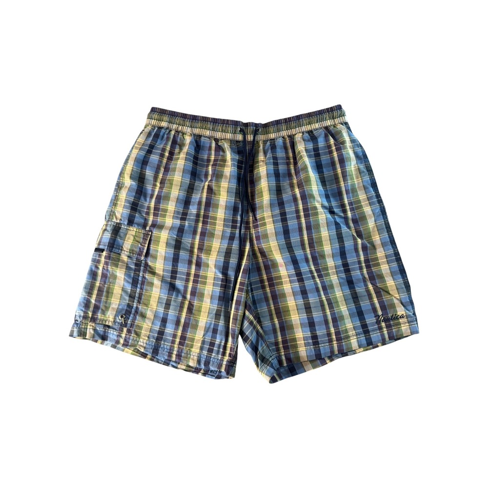 Nautica Mens XL Plaid Swim Trunks Blue Green Cargo Pocket Mesh Lined VDR 335 208